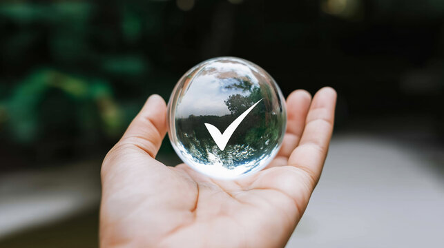Hand holding a clear sphere with a glowing checkmark icon, symbolizing approval, data validation, and modern technology