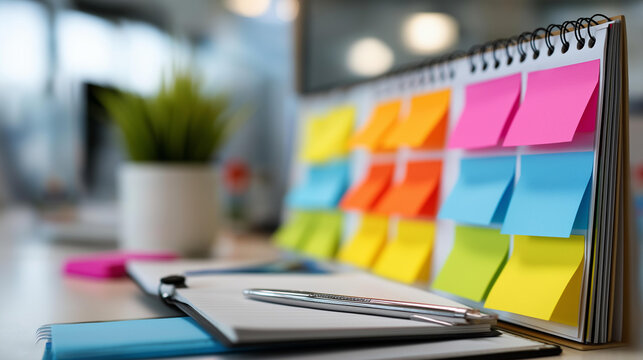 Overhead view of a startup product roadmap with post-its in color-coded columns on a large table, product launch planning concept, agile development, team workflow visualization, with copy