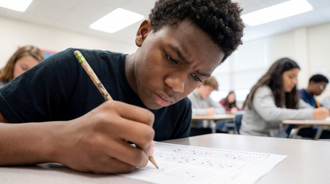 student exam bubble sheet writing concentrating boy black african american teenage boy in dark t-shirt writing on standardized bubble test sheet with pencil in modern bright diverse classroom