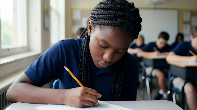 student exam test writing concentrated girl black african american girl with long box braids in navy polo uniform writing with yellow pencil focused on test near window diverse students seated behind