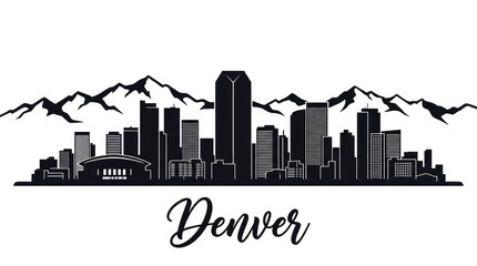 Obraz premium Silhouette skyline of Denver with Rocky Mountain backdrop, Republic Plaza, and modern downtown buildings. Clean monochrome style, balanced composition, no people.