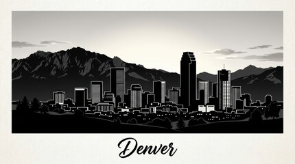 Fototapeta premium Silhouette skyline of Denver with Rocky Mountain backdrop, Republic Plaza, and modern downtown buildings. Clean monochrome style, balanced composition, no people.