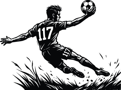 Rugby player silhouette dynamic action shot with ball and jersey number 117