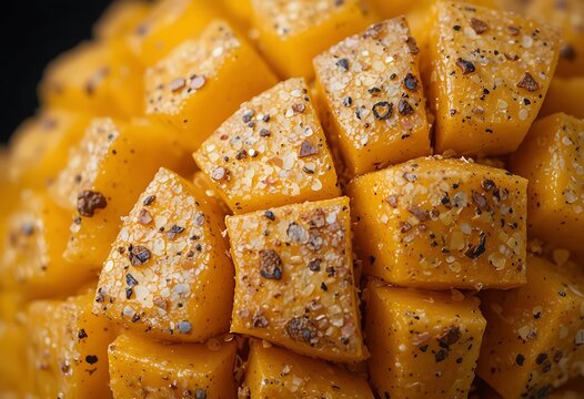 Fresh chopped orange pumpkin pieces with seasoning and spices for healthy cooking in the kitchen. ataulfo mango