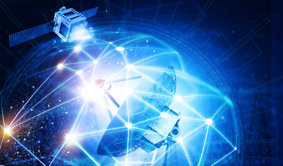 Obraz premium High-tech satellite dish transmitting signals to an orbiting satellite against a glowing global network background.