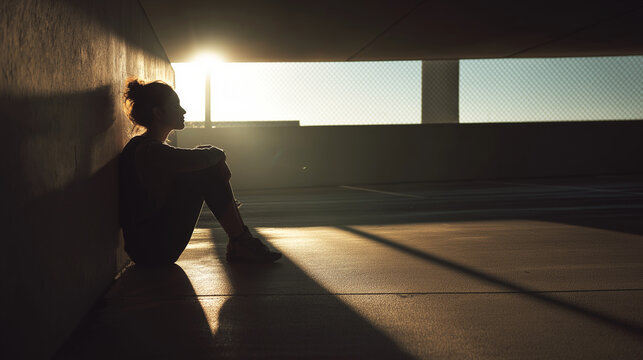 Young woman feeling alone, sitting by a sunlit opening in a parking garage, a moment of solitude and introspection