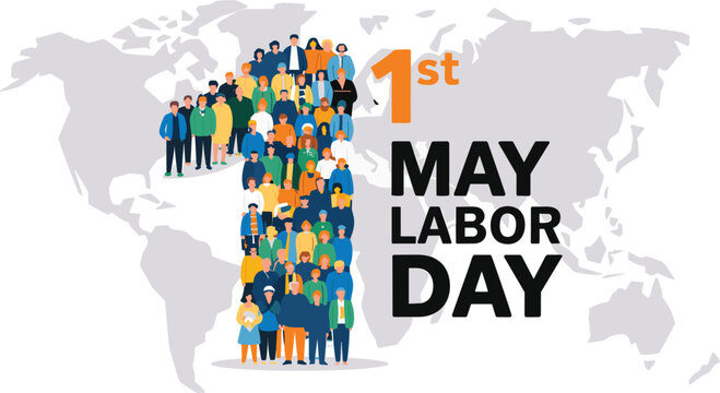 May Day Labor Day poster, diverse people crowd map workforce celebration vector illustration design