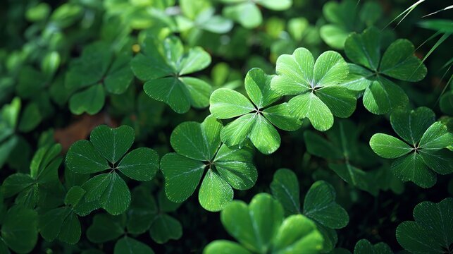Close-up shot of green shamrock plants in a natural outdoor environment during daylight hours.