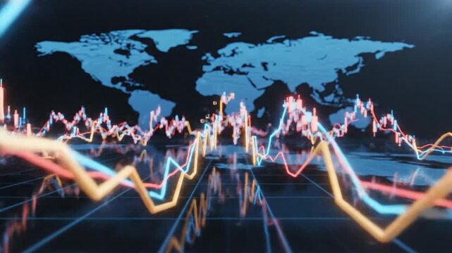 A dynamic financial animation featuring glowing multicolored stock market lines overlaid on a world map, illustrating global market trends, data flow,