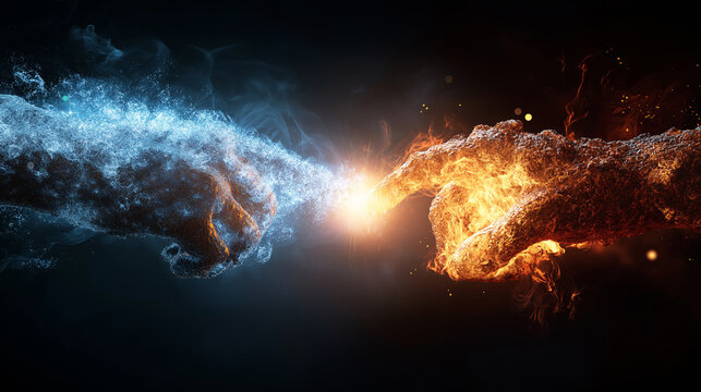 Opposing elemental hands touching, fire and ice creating a powerful energy spark, representing connection and contrast
