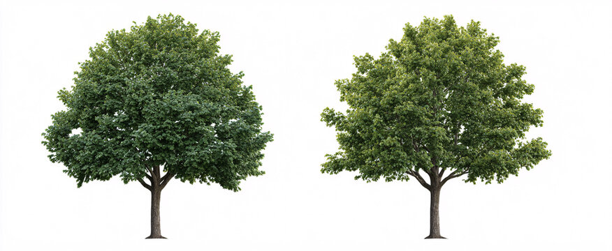 Group of Ulmus americana and Quercus robur street trees on a clean white backdrop