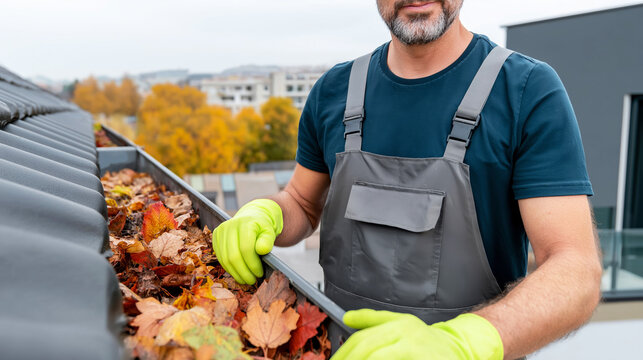 Worker wearing protective gloves removing accumulated autumn leaves and debris from a dirty residential gutter