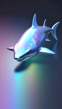 A shiny, iridescent shark sculpture on a gradient surface, reflecting light