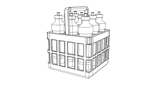 Crate of bottles, carrying handle, beverage transport, six pack container, vector art.