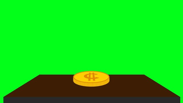 Golden money coins stack appearing then vanishing on a flat surface representing financial fluctuations in a digital economy while set against a vibrant green screen backdrop designed for easy visual