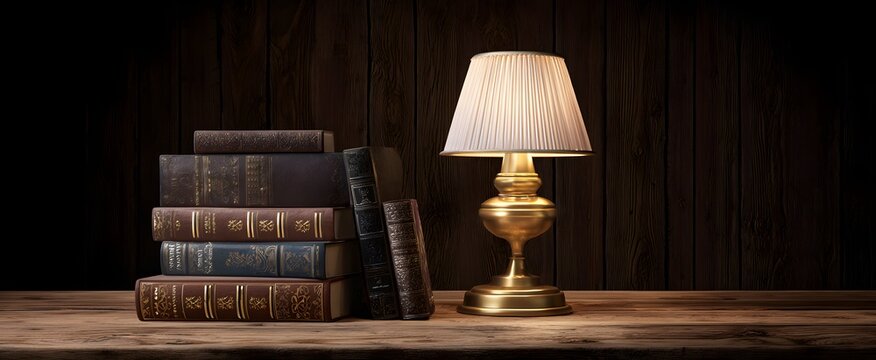 The features books and an old-school lamp on wooden tables and shelves
