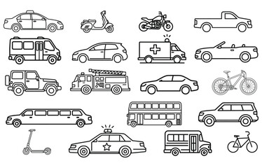 Transportation and Vehicle Line Icon Set, City Traffic and Emergency Transport Vector Symbols © SU SAIF All
