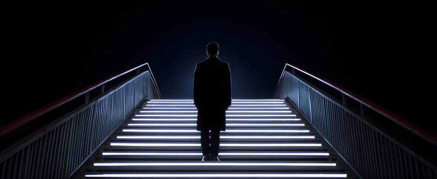 the man standing on glowing steps with bright lit stairs around him