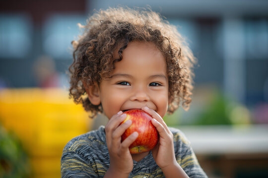 Kid Eating an Apple with Big Smile Holding Fruit Outdoors in Bright Light Wearing Casual Clothes and Curly Hair