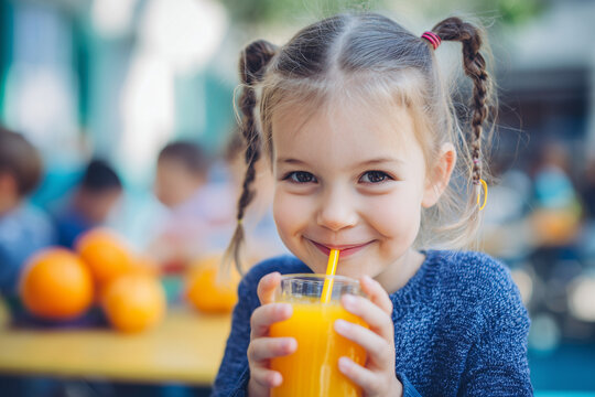 Kid Drinking Fresh Orange Juice with Braided Hair and Blue Sweater Surrounded by Classmates in School Playground