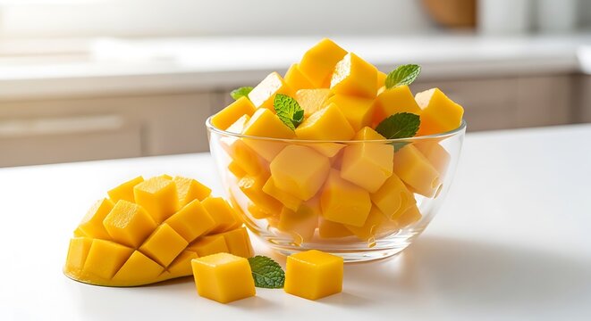 Fresh sweet mango cubes in a glass bowl with green mint leaves on a clean kitchen counter for breakfast. ataulfo mango