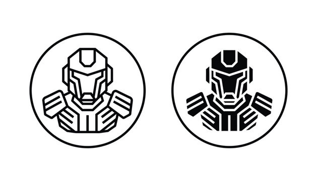 Robotic soldier head in circle frame vector illustration set with line art and solid black silhouette for science fiction and gaming branding design