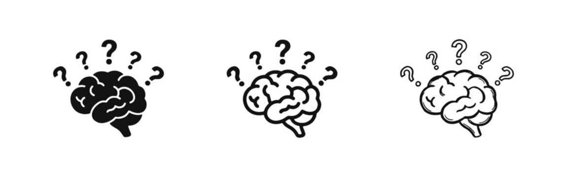 Brain with Question Marks Icon Set in Solid Outline and Hand Drawn Styles for Thinking and Problem Solving