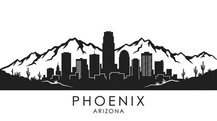 Fototapeta premium Black and white silhouette skyline of Phoenix with desert-inspired skyline, Chase Tower, and mountain outline.