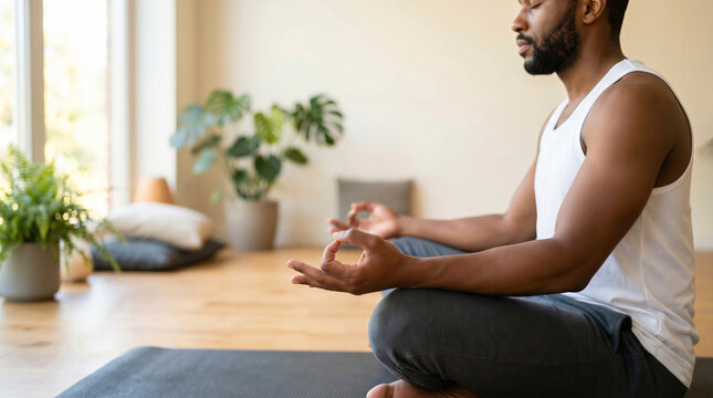 African man doing yoga exercise with closed eyes in a calm indoor space with plants and a window