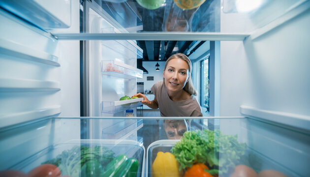 Woman reaching for healthy food inside a bright modern refrigerator