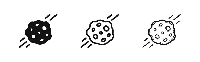 Asteroid meteorite falling icon set, space rock comet impact hazard symbol © drawing lines
