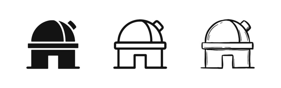 Astronomical observatory dome icon set, space science research building symbol