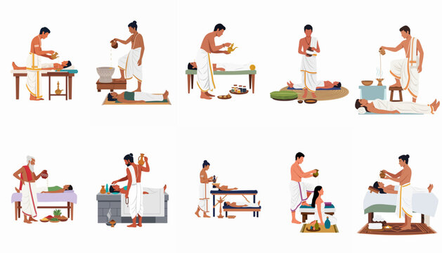 Set of flat vector illustrations depicting various traditional Indian Ayurvedic treatments, massages, and wellness rituals involving practitioners and patients.