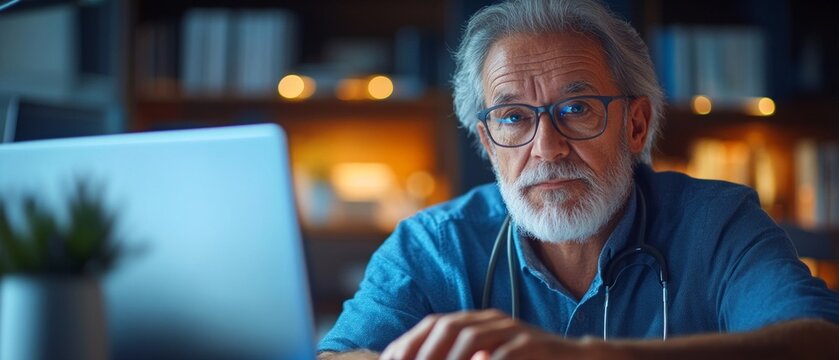A doctor with a grey beard stares intently at his laptop screen in the evening light, providing a professional backdrop for articles on telemedicine and the digitalisation of healthcare.