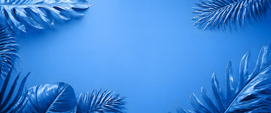 Fond abstrait tropical monochrome bleu avec feuilles avec espace pour texte