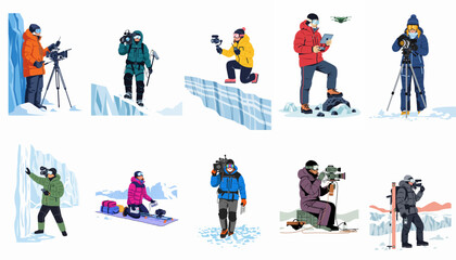 Collection of illustrations featuring professional filmmakers and photographers operating high-tech gear in extreme arctic environments and glacier landscapes. © Lhymo