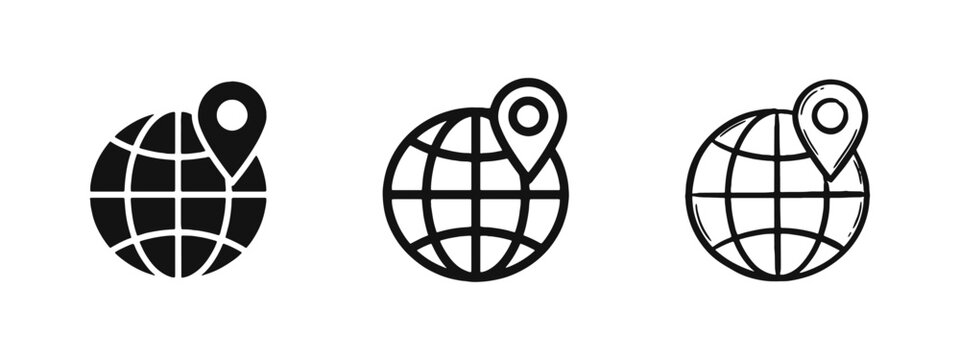 Global location globe pin icon set, world map navigation travel destination pointer