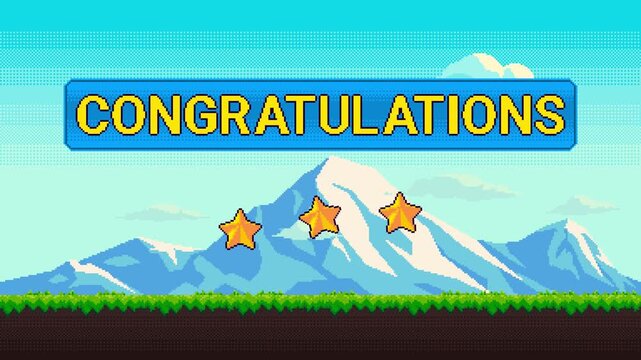 Pixel style game scene with landscape background clouds and mountains. Congratulations text with animated stars showing success reward.