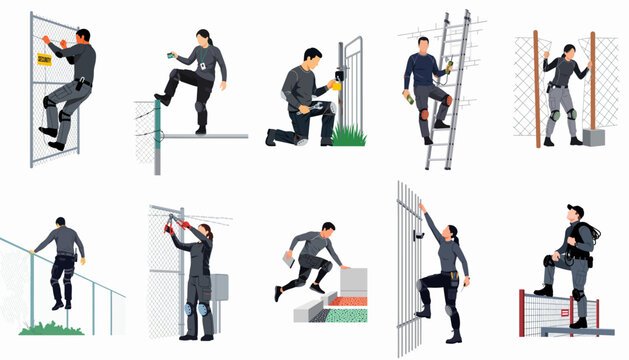 Collection of illustrations showing security agents and intruders climbing fences, cutting locks, and navigating obstacles during a tactical or security breach mission.