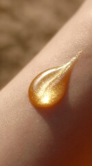 Fototapeta premium A lustrous golden droplet rests on a bare arm, reflecting light beautifully. The soft skin contrasts against the shimmering oil, evoking the warmth of a sunny afternoon