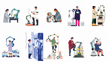 Fototapeta premium Collection of flat design illustrations featuring scientists and engineers using robotic arms for advanced DNA research and biotechnology experiments in a laboratory.