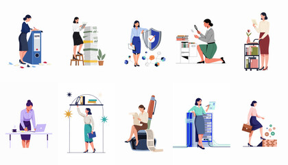 Fototapeta premium Collection of flat vector illustrations depicting professional women managing office tasks, data security, GDPR compliance, and document organization in a modern workplace.