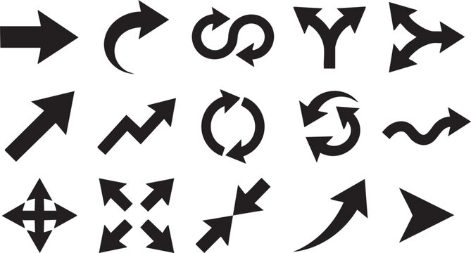 Various black arrows and directional symbols on transparent background.