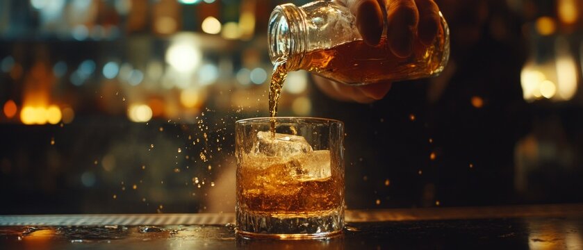 The barman pours amber whisky from a bottle into a glass filled with ice, creating a stylish backdrop for posts about bar culture, the art of cocktail-making and evening relaxation.