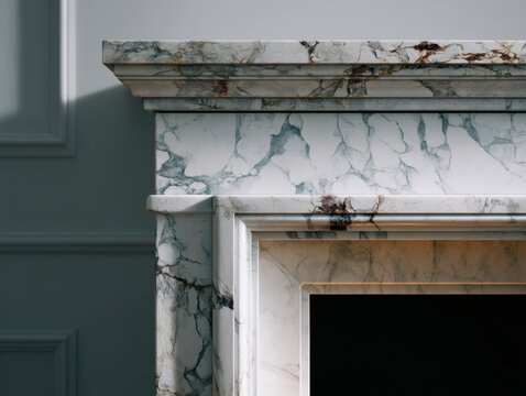 Elegant marble fireplace with intricate veining. Clean lines frame a dark, modern firebox. Rich tones contrast with muted blue paneling. Natural stone details add timeless sophistication