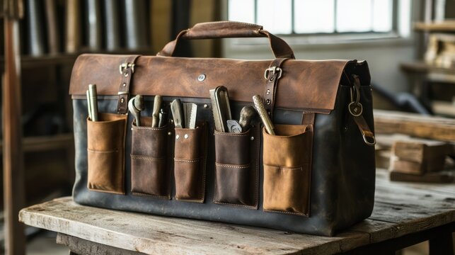 Leather tool bag on workbench in a workshop