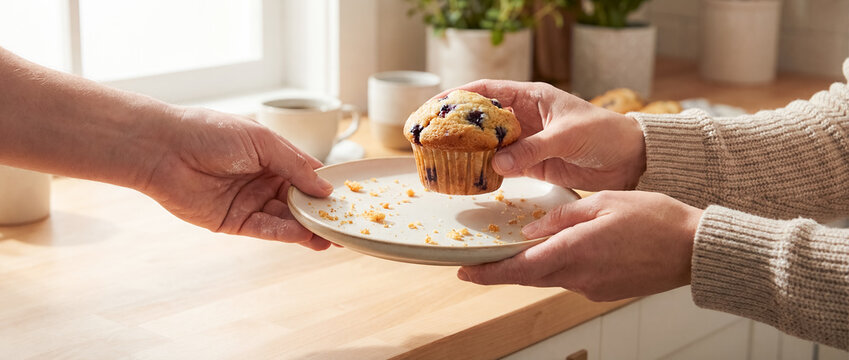 person handing muffin kitchen together bond sharing hands baked food care warmth gesture home breakfast morning sweet snack domestic casual cozy connection kindness love daily life