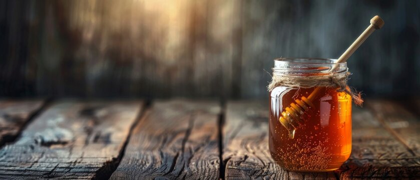 A jar of golden honey and a wooden spoon sit on an old wooden board in warm lighting, providing a natural backdrop for advertisements for farm produce, healthy eating and recipes.