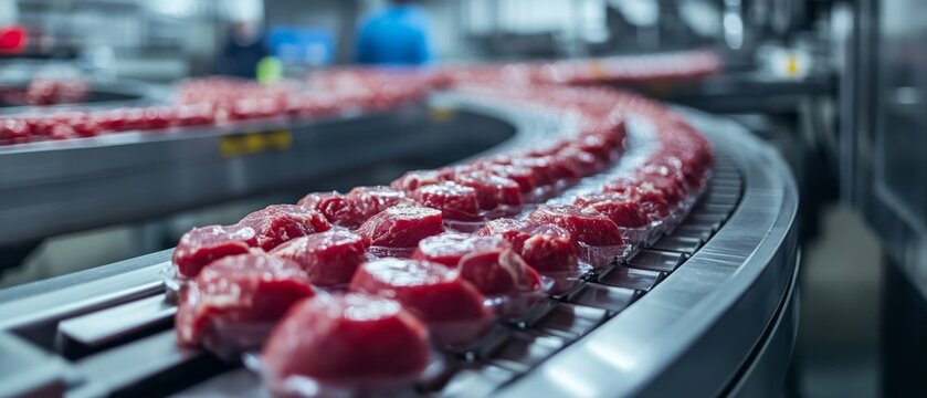 Packaged cuts of fresh meat move along a conveyor belt at a meat processing plant, providing an industrial backdrop for articles on food production, automation and quality control.