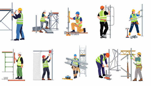 Collection of male and female construction workers in high-visibility gear assembling and maintaining metal scaffolding using various industrial tools on a white background.